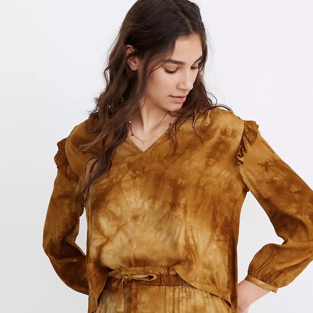 Madewell Tie-Dye Ruffle-Shoulder Top, slightly cropped, deep gold color
